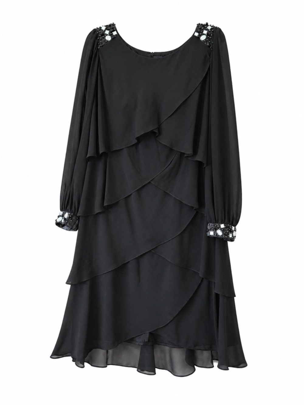 Black Tiered Ruffle LS Dress with Gemstone Accents/Shear Sleeves - Size 14